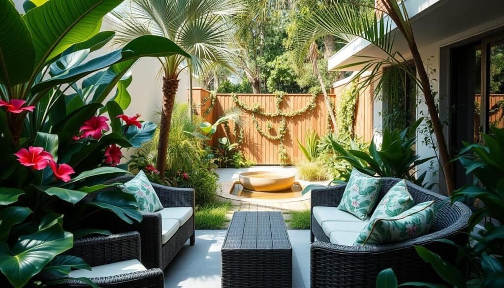 A serene modern tropical garden in a small backyard, featuring vibrant tropical plants such as monstera, hibiscus, and palm trees. In the foreground, a comfortable outdoor seating area with stylish wicker furniture, adorned with soft cushions in tropical patterns. The middle ground showcases a wooden deck path leading to a small, tranquil water feature surrounded by lush greenery. In the background, a sunlit fence covered with climbing vines adds depth. The scene is bathed in bright, natural sunlight, with soft shadows enhancing the textures of the foliage. The atmosphere is peaceful and inviting, perfect for relaxation and enjoying nature. Capture the image from a slightly elevated angle to emphasize the garden's layout and lush details. A serene modern tropical garden in a small backyard, featuring vibrant tropical plants such as monstera, hibiscus, and palm trees. In the foreground, a comfortable outdoor seating area with stylish wicker furniture, adorned with soft cushions in tropical patterns. The middle ground showcases a wooden deck path leading to a small, tranquil water feature surrounded by lush greenery. In the background, a sunlit fence covered with climbing vines adds depth. The scene is bathed in bright, natural sunlight, with soft shadows enhancing the textures of the foliage. The atmosphere is peaceful and inviting, perfect for relaxation and enjoying nature. Capture the image from a slightly elevated angle to emphasize the garden's layout and lush details.