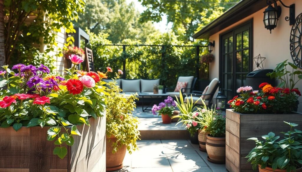 A serene outdoor patio featuring large planters filled with vibrant flowers and lush greenery, creating an inviting oasis in a small space. In the foreground, there are rustic wooden planters with various plants spilling over the edges, showcasing a variety of colors and textures. The middle ground captures a cozy seating area with stylish, budget-friendly outdoor furniture, arranged to encourage relaxation and conversation. In the background, soft, sunlit foliage provides a natural backdrop, enhancing the feeling of expansiveness. The scene is illuminated by bright, natural light with soft sunlight casting gentle shadows, adding warmth and vibrancy. The atmosphere is peaceful and rejuvenating, perfect for enjoying outdoor living. A serene outdoor patio featuring large planters filled with vibrant flowers and lush greenery, creating an inviting oasis in a small space. In the foreground, there are rustic wooden planters with various plants spilling over the edges, showcasing a variety of colors and textures. The middle ground captures a cozy seating area with stylish, budget-friendly outdoor furniture, arranged to encourage relaxation and conversation. In the background, soft, sunlit foliage provides a natural backdrop, enhancing the feeling of expansiveness. The scene is illuminated by bright, natural light with soft sunlight casting gentle shadows, adding warmth and vibrancy. The atmosphere is peaceful and rejuvenating, perfect for enjoying outdoor living.