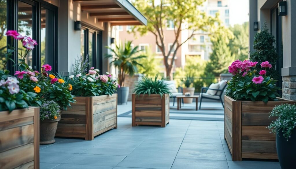 A serene outdoor patio showcasing several elegant wooden planters that enhance a small space, filled with vibrant, blooming flowers and lush greenery. In the foreground, the planters are crafted from natural wood, their textures highlighted by soft natural sunlight. The middle ground features a cozy, minimal seating area with stylish outdoor furniture, inviting relaxation. To the background, subtle hints of urban life can be seen, such as nearby buildings and trees, ensuring a balanced composition. The overall atmosphere is bright and airy, reflecting tranquility and connection to nature. The image captures an inviting scene that emphasizes how wooden planters can visually expand the space, providing a refreshing escape. A serene outdoor patio showcasing several elegant wooden planters that enhance a small space, filled with vibrant, blooming flowers and lush greenery. In the foreground, the planters are crafted from natural wood, their textures highlighted by soft natural sunlight. The middle ground features a cozy, minimal seating area with stylish outdoor furniture, inviting relaxation. To the background, subtle hints of urban life can be seen, such as nearby buildings and trees, ensuring a balanced composition. The overall atmosphere is bright and airy, reflecting tranquility and connection to nature. The image captures an inviting scene that emphasizes how wooden planters can visually expand the space, providing a refreshing escape.