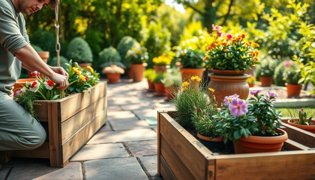 A serene outdoor scene depicting seasonal maintenance for wooden planters in a small garden space. In the foreground, a well-maintained wooden planter box filled with lush greenery and colorful seasonal flowers, showing hints of spring or summer blooms. A person in modest casual clothing is kneeling beside the planter, gently tending to the plants and removing weeds. The middle ground reveals additional pots and planters arranged artfully on a rustic patio, each showcasing a vibrant assortment of plants. The background features a softly focused garden with various shades of green and hints of blooming shrubs, under bright natural light and soft sunlight filtering through trees. The atmosphere is tranquil and inviting, embodying a sense of nurturing and care for the natural environment. The angle captures both the details of the planter and the broader garden space, emphasizing the theme of space and greenery. A serene outdoor scene depicting seasonal maintenance for wooden planters in a small garden space. In the foreground, a well-maintained wooden planter box filled with lush greenery and colorful seasonal flowers, showing hints of spring or summer blooms. A person in modest casual clothing is kneeling beside the planter, gently tending to the plants and removing weeds. The middle ground reveals additional pots and planters arranged artfully on a rustic patio, each showcasing a vibrant assortment of plants. The background features a softly focused garden with various shades of green and hints of blooming shrubs, under bright natural light and soft sunlight filtering through trees. The atmosphere is tranquil and inviting, embodying a sense of nurturing and care for the natural environment. The angle captures both the details of the planter and the broader garden space, emphasizing the theme of space and greenery.