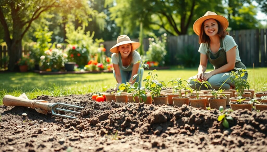 A serene outdoor scene depicting the beginning stages of a vegetable garden from scratch. In the foreground, freshly dug soil is being prepared with a wooden garden fork, a rolled-up gardening plan nearby. The middle ground features a variety of seedlings in biodegradable pots, including tomatoes, peppers, and herbs, ready for planting. A cheerful gardener, dressed in modest casual clothing and a sun hat, is kneeling while planting a young tomato plant into the soil. In the background, a lush green yard with colorful flowers and a wooden fence enhances the atmosphere. Bright natural light fills the scene, creating a warm and inviting mood. The image is well-composed with a shallow depth of field, giving a gentle focus on the gardening activity while soft sunlight filters through nearby trees.