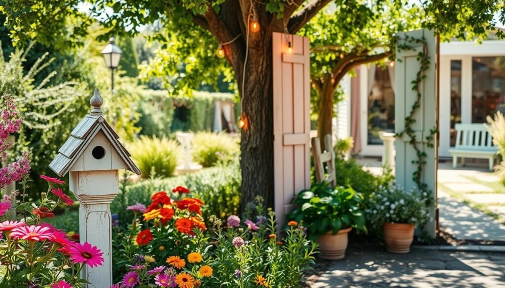 A serene rustic garden scene featuring vintage decor elements like shabby chic shutters and a charming birdhouse post. In the foreground, a beautifully weathered wooden birdhouse is nestled among vibrant blooming flowers and lush greenery. The middle ground showcases rustic shutters painted in soft pastel colors, leaning against a nearby tree, adorned with climbing vines and delicate fairy lights that emit a warm glow. The background reveals a sun-dappled garden with a gentle pathway leading to a cozy seating area, all bathed in bright natural light and soft sunlight, creating an airy and tranquil atmosphere. The photo is captured from a slightly elevated angle, providing a clear view of the composition.