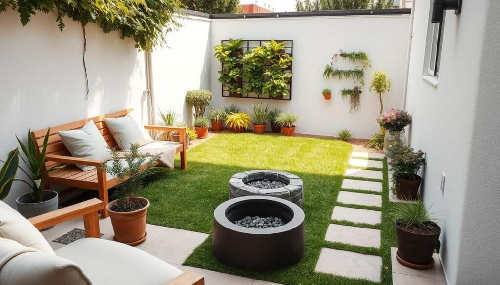 A serene small backyard showcasing clean and modern design elements. In the foreground, a cozy seating area with a minimalist wooden bench adorned with soft, neutral cushions, surrounded by potted plants for a touch of greenery. The middle ground features a compact, well-manicured lawn and a stone pathway leading to a small fire pit, inviting relaxation and social gatherings. In the background, a low-maintenance vertical garden with a variety of herbs and flowers adds color and vibrancy. Bright, natural light filters through soft sunlight, creating a warm and airy atmosphere. The scene is captured from a slightly elevated angle to emphasize space and cleanliness, evoking a sense of comfort and easy upkeep in this lovely outdoor retreat. A serene small backyard showcasing clean and modern design elements. In the foreground, a cozy seating area with a minimalist wooden bench adorned with soft, neutral cushions, surrounded by potted plants for a touch of greenery. The middle ground features a compact, well-manicured lawn and a stone pathway leading to a small fire pit, inviting relaxation and social gatherings. In the background, a low-maintenance vertical garden with a variety of herbs and flowers adds color and vibrancy. Bright, natural light filters through soft sunlight, creating a warm and airy atmosphere. The scene is captured from a slightly elevated angle to emphasize space and cleanliness, evoking a sense of comfort and easy upkeep in this lovely outdoor retreat.