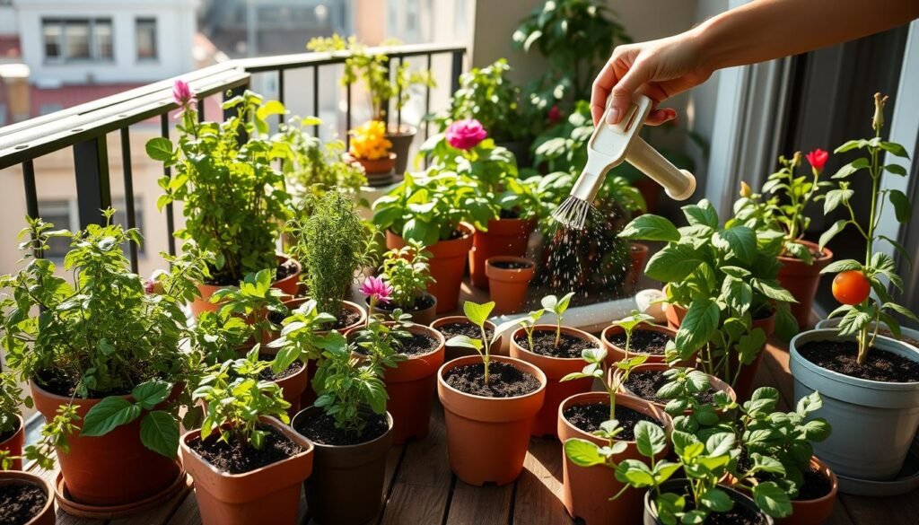 A serene urban balcony garden scene showcasing vibrant container gardening. In the foreground, various pots filled with lush green herbs, colorful flowers, and small vegetables are arranged neatly on a wooden table. The middle ground includes an assortment of well-maintained potted plants, with soil visible in some pots to emphasize gardening techniques. The background features a cozy, well-lit balcony with soft sunlight streaming in, illuminating the scene with a warm, inviting glow. The image captures the essence of nurturing, with gentle shadows and bright colors, creating an atmosphere of peace and productivity. A close-up of hands gently watering plants demonstrates the care involved in container gardening, adding a personal touch to this small-space gardening paradise.