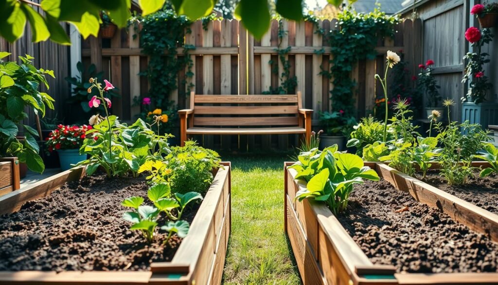 A serene urban garden featuring budget-friendly DIY raised beds designed for small spaces, meticulously arranged in a cozy backyard setting. The foreground showcases two wooden raised beds filled with a variety of vibrant vegetables and herbs, with rich soil and healthy plants. In the middle ground, a rustic wooden bench provides a quaint seating area, surrounded by colorful flowering plants. The background reveals a charming garden fence, adorned with climbing vines. The scene is bathed in bright, natural light, creating a warm and inviting atmosphere with soft sunlight filtering through the leaves. The angle captures the beds from a low perspective, emphasizing their height and accessibility, inviting viewers to envision their own small-space gardening project.