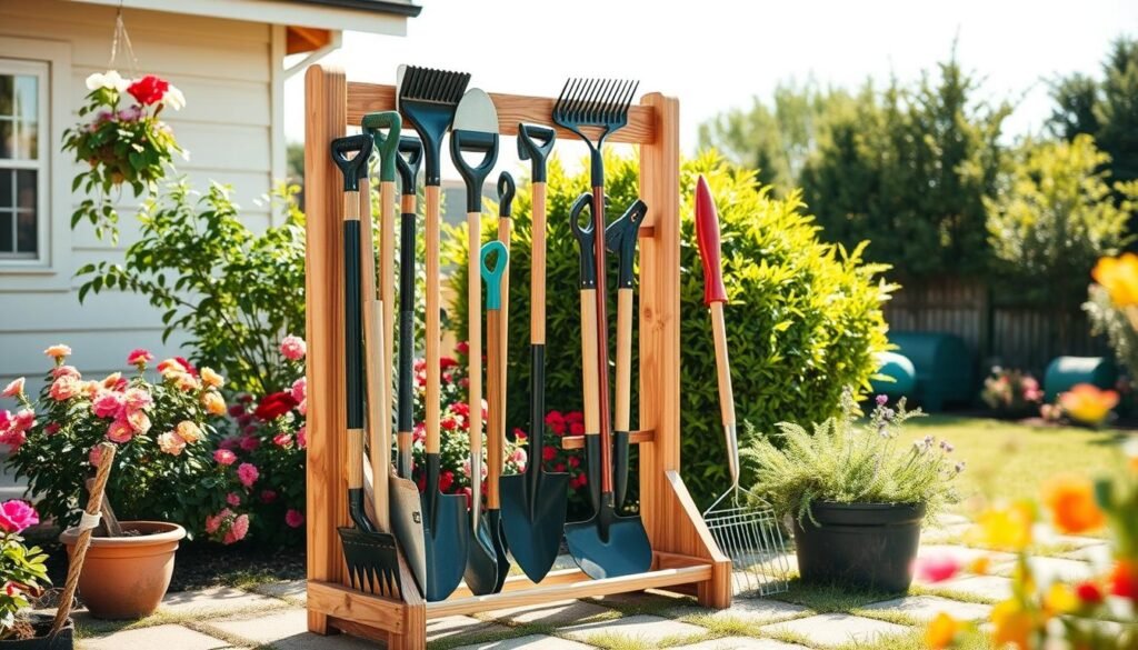 A simple and effective garden tool rack, expertly crafted from natural wood, displayed in a bright, airy backyard setting. The rack is filled with various garden tools, such as rakes, shovels, and pruners, organized neatly in an appealing manner. The foreground features the rack prominently, showcasing its sturdy design and the texture of the wood, while in the middle ground, flowering plants and green shrubs add vibrant color. The background includes a sunny sky with soft, diffused sunlight creating a warm, inviting atmosphere. Capture this scene with a slightly elevated angle to highlight both the rack and the lush garden, evoking feelings of satisfaction and homey organization. A simple and effective garden tool rack, expertly crafted from natural wood, displayed in a bright, airy backyard setting. The rack is filled with various garden tools, such as rakes, shovels, and pruners, organized neatly in an appealing manner. The foreground features the rack prominently, showcasing its sturdy design and the texture of the wood, while in the middle ground, flowering plants and green shrubs add vibrant color. The background includes a sunny sky with soft, diffused sunlight creating a warm, inviting atmosphere. Capture this scene with a slightly elevated angle to highlight both the rack and the lush garden, evoking feelings of satisfaction and homey organization.