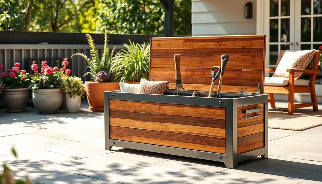 A sleek, modern outdoor utility box designed for storing garden tools and cushions, situated on a charming patio. The box features a clean, minimalist design with smooth lines and a warm wood finish, complemented by durable metal accents. It sits near vibrant potted plants and a cozy outdoor seating area in the background, under bright natural light. Soft sunlight filters through the trees, casting gentle shadows, enhancing the inviting atmosphere. Capture this scene from a slightly elevated angle to showcase the utility box's functionality and aesthetic appeal, with a focus on its practical design elements. The overall mood should be refreshing and tranquil, embodying a harmonious blend of style and utility. A sleek, modern outdoor utility box designed for storing garden tools and cushions, situated on a charming patio. The box features a clean, minimalist design with smooth lines and a warm wood finish, complemented by durable metal accents. It sits near vibrant potted plants and a cozy outdoor seating area in the background, under bright natural light. Soft sunlight filters through the trees, casting gentle shadows, enhancing the inviting atmosphere. Capture this scene from a slightly elevated angle to showcase the utility box's functionality and aesthetic appeal, with a focus on its practical design elements. The overall mood should be refreshing and tranquil, embodying a harmonious blend of style and utility.