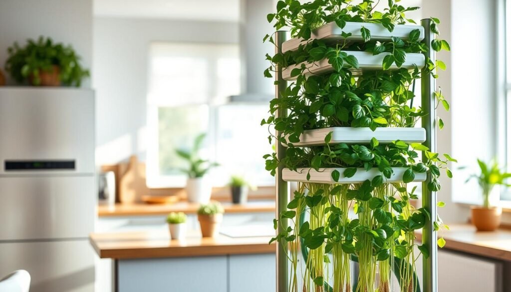 A sleek, modern vertical hydroponic system positioned against a well-lit, airy backdrop of a contemporary home kitchen. The system features multiple tiers of vibrant green herbs and leafy greens, cascading down in an elegant arrangement. In the foreground, detailed views of the hydroponic tubes and plants, showcasing their roots submerged in nutrient-rich water. The middle ground includes a wooden countertop and small potted plants, enhancing the homey feel. Soft, natural sunlight filters through a nearby window, creating a warm and inviting atmosphere. The overall mood is fresh, innovative, and encourages sustainable living, capturing the essence of urban gardening in small spaces. The lens captures the scene from a slight angle to emphasize depth and dimension.