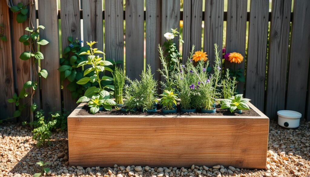 A small backyard herb garden, featuring a rustic raised planter box filled with lush, vibrant herbs like basil, rosemary, and thyme. In the foreground, a weathered wooden fence creates a charming backdrop, adorned with climbing vines. The middle ground showcases the herb planter, beautifully arranged with soil rich in texture, surrounded by small stones for a natural touch. In the background, a bright, sunlit garden space with blooming flowers adds color and life, illuminated by soft sunlight casting gentle shadows. Capture the scene from a slightly elevated angle to emphasize the layout and use a wide lens to convey an airy, inviting atmosphere perfect for DIY gardening enthusiasts. The overall mood is warm and nurturing, evoking a sense of home and creativity in backyard gardening.