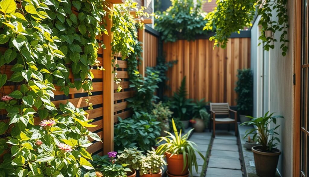 A small courtyard garden featuring vertical garden panels designed for privacy, overflowing with vibrant green plants and colorful flowers. In the foreground, lush climbing vines gracefully ascend wooden trellises, while potted plants add charm and texture. The middle ground showcases the wooden panels artfully arranged to create an intimate atmosphere, with a soft, natural wood finish reflecting warm sunlight. In the background, a hint of a tranquil stone pathway leads to a small seating area, inviting relaxation. The scene is bathed in bright natural light, with gentle sunlight filtering through the leaves, creating an airy and well-lit ambiance. The overall mood is serene and inviting, perfect for a cozy urban retreat. The composition uses a wide-angle lens to emphasize depth and encourage a sense of enclosure.