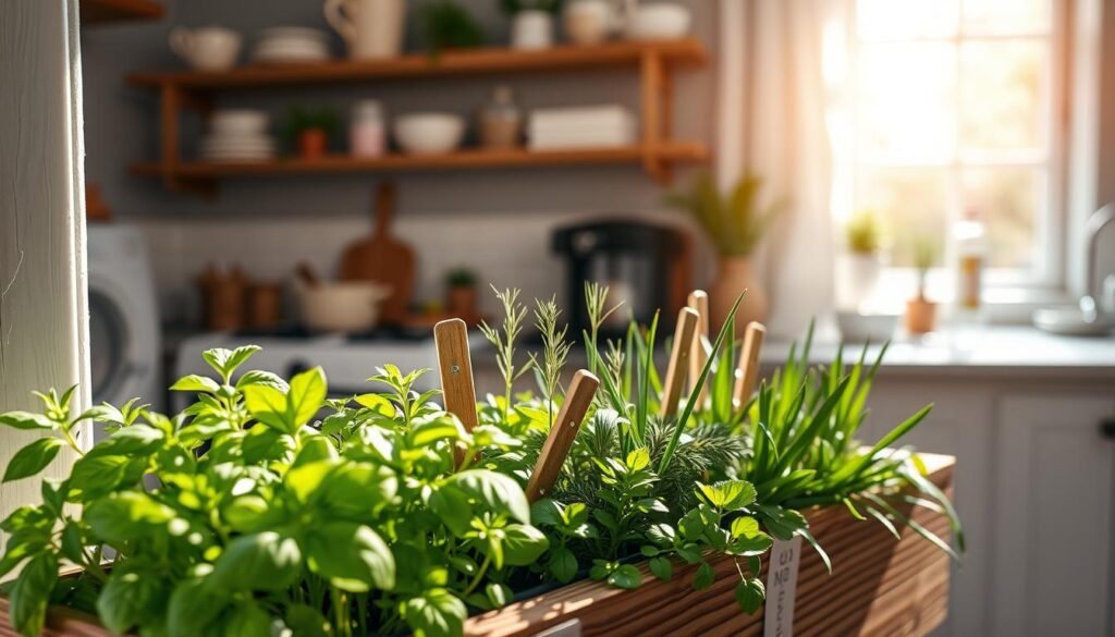 A small herb garden in a charming window box, filled with vibrant green basil, fragrant rosemary, and delicate chives. The foreground features the neatly arranged herbs, each labeled with small wooden tags. In the middle ground, the window box rests on a rustic wooden ledge, with soft sunlight illuminating the leaves and creating gentle shadows. The background showcases a cozy kitchen setting with soft, airy decor, and a hint of nature through a nearby window, allowing a glimpse of a sunny day outside. The overall mood is warm, inviting, and inspiring, highlighting the beauty and practicality of container gardening. Captured with a 50mm lens at a slight angle to convey depth, bathed in bright natural light.