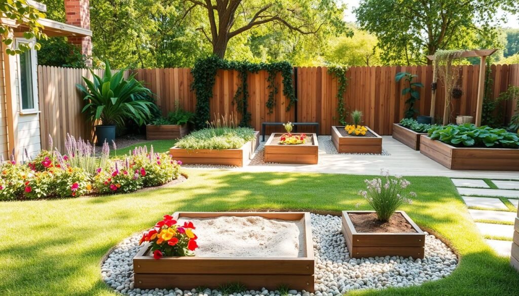 A small, modern garden designed for families, featuring vibrant flower beds with colorful, non-toxic plants. In the foreground, a safe play area with soft grass and a small sandbox, surrounded by decorative pebbles. The middle ground showcases raised vegetable beds, neatly arranged, with wooden pathways for easy access. In the background, a lovely wooden fence and a trellis adorned with climbing vines create a cozy atmosphere. The scene is bathed in bright natural light, with soft sunlight filtering through leafy trees, casting gentle shadows. The overall mood is cheerful and inviting, depicting a nurturing space for both kids and pets, designed for relaxation and enjoyment. A wide-angle view captures the entire garden layout, emphasizing its safety and modern aesthetic.