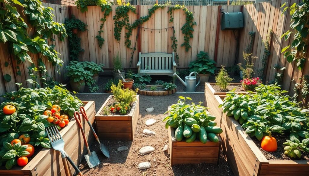 A small vegetable garden layout in a sunlit backyard, featuring raised wooden beds filled with vibrant vegetables like tomatoes, peppers, and leafy greens. In the foreground, garden tools are neatly arranged alongside the beds, while small decorative stones create walking paths. The middle area showcases a cozy seating nook surrounded by flowering plants and herbs, with a watering can nearby. In the background, a wooden fence provides privacy, adorned with climbing vines. The scene is bathed in bright, natural light with soft sunlight filtering through the leaves, creating a warm and inviting atmosphere. The angle captures an inviting view from above, highlighting organized plantings harmoniously integrated into a small space, perfect for gardening enthusiasts.