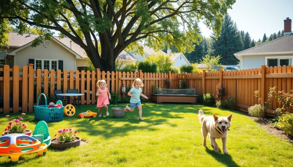 A sunny backyard garden scene showcasing a secure perimeter designed for kids and pets. In the foreground, a sturdy, stylish wooden fence encircles vibrant flower beds and a grassy area, adorned with colorful toys and playful pet items. Two children, dressed in bright, modest casual clothing, play safely, while a cheerful dog runs alongside them. In the middle ground, a raised garden bed features beautiful vegetables and herbs, while a gentle breeze sways the leaves. The background displays a charming suburban home under soft sunlight, with large trees providing shade. The overall atmosphere is joyful and secure, evoking a sense of safety and fun for families. The image is captured with a wide-angle lens to encompass the entire scene, emphasizing the bright, airy feel of the environment.