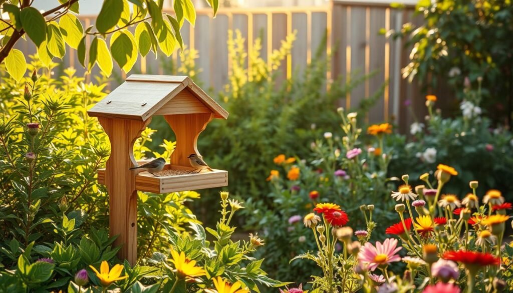 A tranquil backyard scene featuring a beautifully crafted DIY bird feeder nestled among vibrant green plants and flowers. In the foreground, the bird feeder showcases natural materials with a wooden design, embellished with protective features like an overhanging roof and built-in predator guards. A variety of small birds, such as finches and sparrows, are joyfully feeding while remaining safe. The middle ground presents a lush garden with native bushes and colorful wildflowers, creating a welcoming habitat for wildlife. In the background, a subtle fence made of untreated wood encloses the space, hinting at a serene neighborhood. The lighting is soft and bright, with golden sunlight filtering through the leaves, casting gentle shadows that enhance the peaceful atmosphere. The image captures the essence of safety and protection in a natural setting.