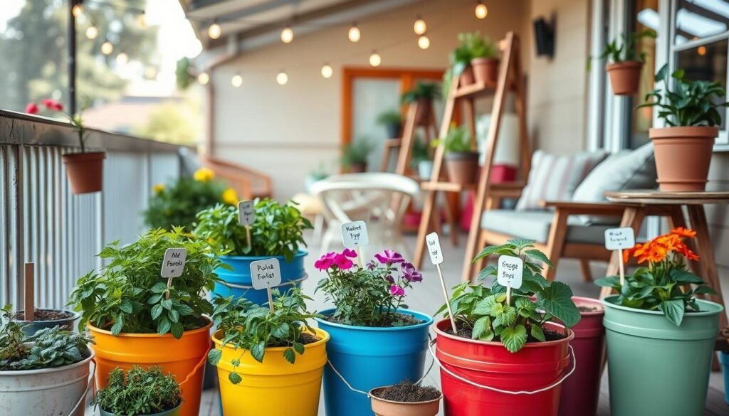 A vibrant DIY container gardening scene featuring colorful, upcycled buckets arranged in a cozy balcony setting. In the foreground, showcase various buckets brimming with lush herbs, vibrant flowers, and leafy greens, each labeled with charming garden markers. In the middle ground, include wooden plant stands displaying additional pots, emphasizing the budget-friendly aspect of container gardening. In the background, portray a serene balcony adorned with string lights and comfortable seating, bathed in soft, natural sunlight creating a warm, welcoming atmosphere. Capture this composition from a slightly elevated angle to enhance depth, emphasizing an inviting and cheerful mood perfect for small spaces. The overall ambiance should be bright and airy, highlighting the beauty of sustainable gardening.