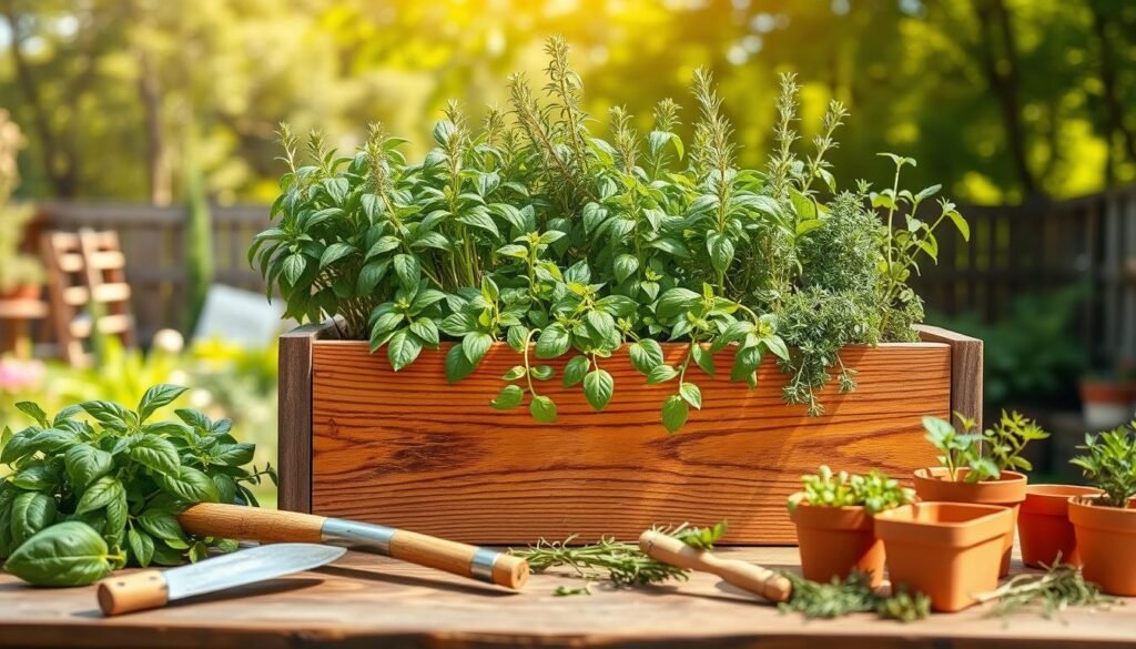 A vibrant DIY herb gardening scene focusing on a rustic raised planter box filled with an array of fresh, green herbs like basil, rosemary, and thyme. In the foreground, showcase gardening tools such as a trowel, gloves, and pots scattered on a wooden table. The middle layer features the beautifully constructed wooden planter with rich grain details, invitingly overflowing with healthy plants. The background sports a bright garden setting with soft sunlight filtering through lush trees, creating an airy and warm atmosphere. Capture a peaceful, sunny day vibe that inspires creativity and tranquility in gardening. Use a slight upward angle to emphasize the height of the planter box, with a shallow depth of field, highlighting the herbs while softly blurring the surroundings for an enchanting focus.