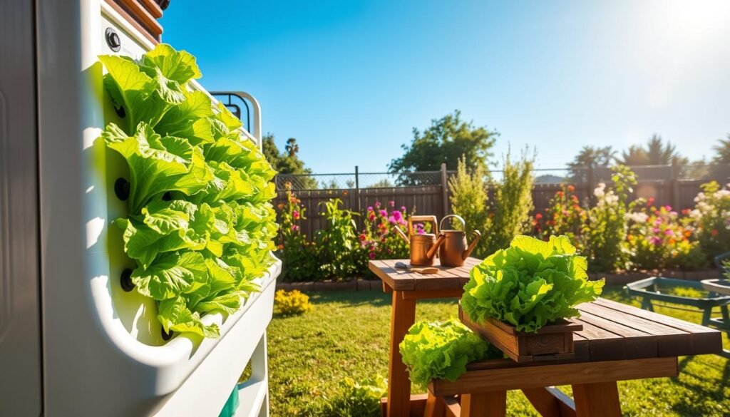 A vibrant "Lettuce Grow Farmstand" showcasing hydroponic lettuce in a sun-drenched backyard. In the foreground, a sleek, modern hydroponic unit filled with lush, green lettuce heads, with droplets of water glistening from irrigation. In the middle ground, an inviting wooden table displaying freshly harvested lettuce, along with gardening tools and a rustic watering can. The background features a well-maintained garden with colorful flowers and shrubs, under a clear blue sky, illuminated by soft, natural sunlight casting gentle shadows. The overall atmosphere is refreshing and productive, conveying a sense of sustainability and homegrown freshness, ideal for families looking to grow their own food in a compact space.