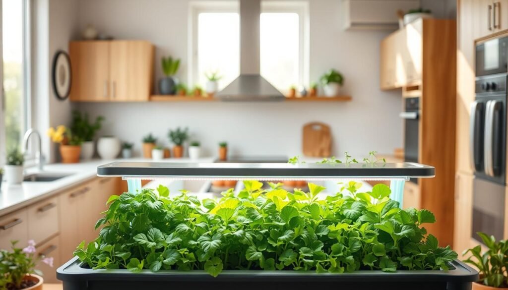 A vibrant VegeBox hydroponics growing system is set prominently in the foreground, showcasing its various levels filled with lush, green plants, including leafy greens and herbs. The middle ground features a sleek, modern kitchen with wooden accents, illuminated by soft, natural sunlight streaming through a large window, creating an airy atmosphere. In the background, potted plants and garden accessories add to the homey feel, enhancing the concept of home gardening. The focus should capture the details of the hydroponics system, highlighting its water circulation and nutrient flow without any text overlays or distractions. The scene conveys a sense of nourishment and sustainability, aimed at families looking to grow their own food in an accessible, stylish manner.