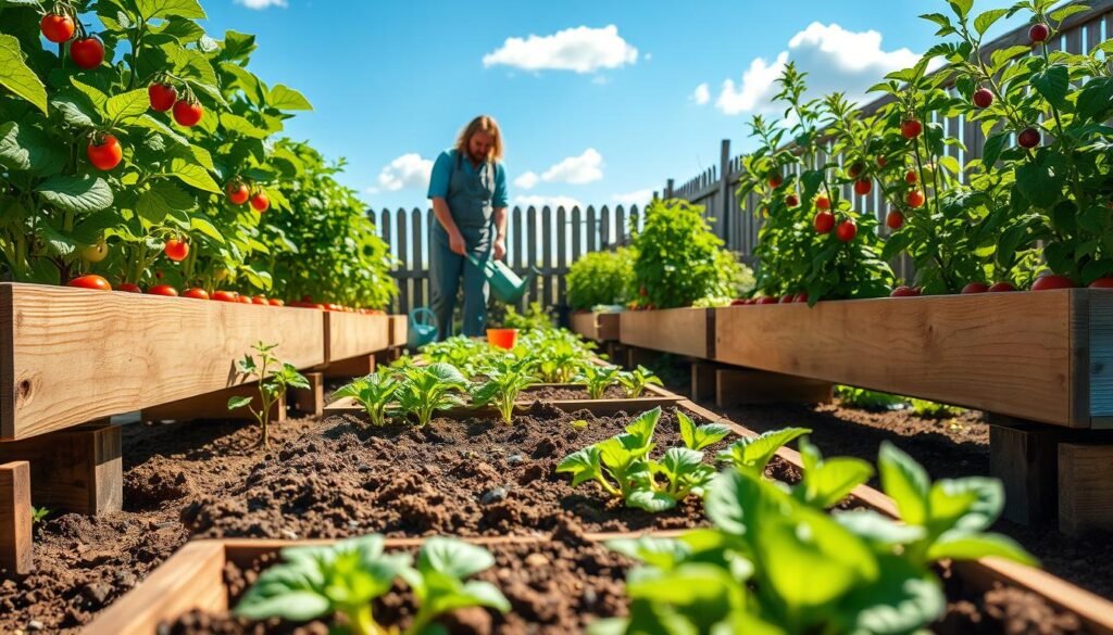 A vibrant above-ground vegetable garden, showcasing raised planters filled with a variety of vegetables like tomatoes, lettuce, and peppers. In the foreground, a neatly arranged wooden raised bed with rich soil, drenched in soft sunlight, emphasizing the lush green leaves. In the middle ground, a gardener in modest casual clothing tends to the beds, surrounded by tools and watering cans, creating a sense of activity and care. The background features a blue sky with a few fluffy clouds, and hints of a rustic wooden fence, further enhancing the garden's charm. The scene is bright and airy, capturing the joy of gardening and the extended growing season brought by raised planters, framed with a warm, inviting atmosphere.