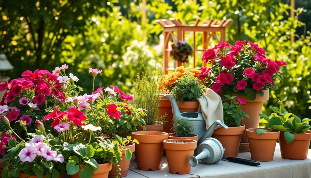 A vibrant and inviting container garden scene filled with various plants and flowers. In the foreground, showcase beautifully arranged terracotta pots of varying sizes, overflowing with colorful blooms like petunias, geraniums, and herbs. The middle ground features a rustic wooden table draped in a light linen cloth, displaying essential gardening tools like a small trowel and watering can, illuminated by soft sunlight. The background includes a sunlit, leafy garden setting with lush greenery and a trellis, creating a serene atmosphere. Capture the image in a bright, airy ambiance, with a focus on natural lighting that enhances the colors and details of the plants, conveying a sense of freshness and inspiration for successful container planting.