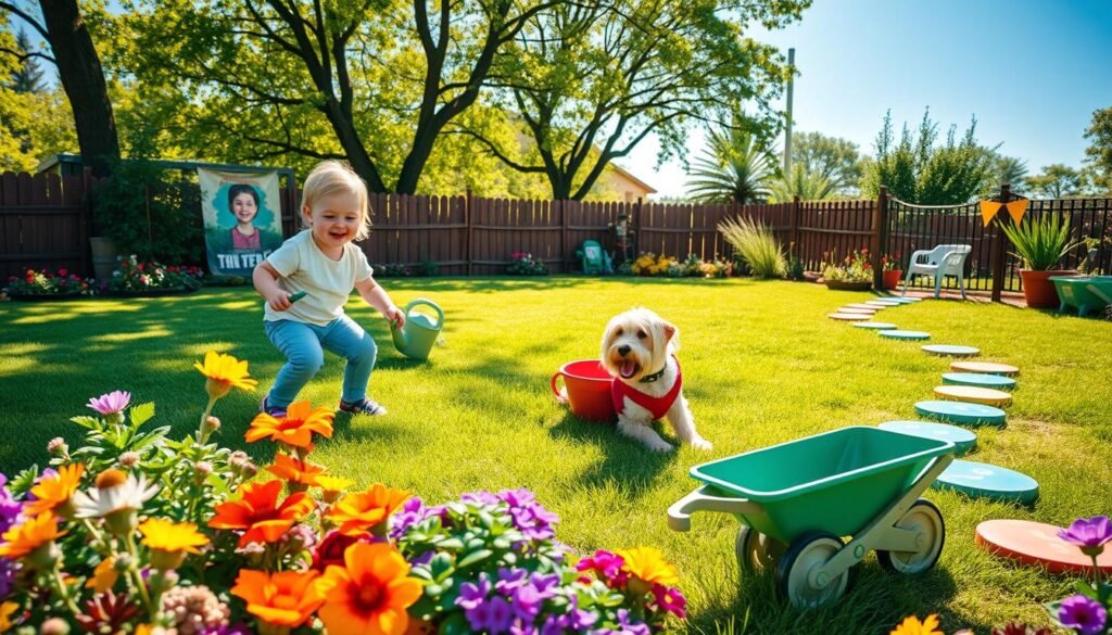 A vibrant and inviting garden scene designed for kids and pets, featuring a cheerful child in modest casual clothing, playing safely with a friendly dog on a soft, grassy lawn. In the foreground, a colorful assortment of non-toxic plants and flowers is interspersed with playful garden toys, such as a small watering can and a child-sized wheelbarrow. The middle ground includes a garden fence to signify safety boundaries, along with a sunny pathway lined with bright, whimsical stepping stones. In the background, a clear blue sky filters soft sunlight through leafy trees, creating a warm and inviting atmosphere. The overall feel is cheerful and peaceful, emphasizing the importance of safety in a playful garden environment.