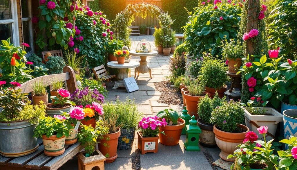 A vibrant and lush display of creative container gardening, featuring an assortment of beautifully designed pots and planters. In the foreground, a charming wooden bench holds a variety of colorful flowering plants and herbs in uniquely styled containers, like rustic metal buckets and hand-painted clay pots. The middle ground displays a small table adorned with a modern terrarium and cascading greenery. In the background, a sunlit garden path meanders through leafy plants and vibrant blooms, surrounded by a soft halo of golden hour light that creates an inviting atmosphere. Use a wide-angle lens to capture the depth and richness of the garden scene, emphasizing the detailed textures and colors in bright natural light.