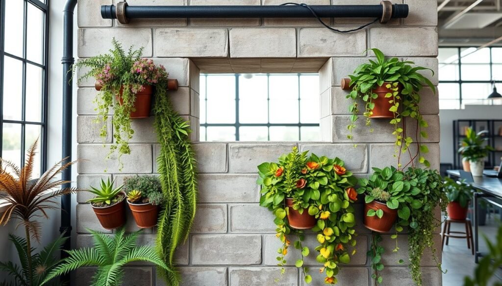 A vibrant and lush vertical garden set against a backdrop of industrial chic design, featuring concrete blocks and metal pipes. In the foreground, decorative plants like ferns, succulents, and flowering vines cascade elegantly from rustic metal containers attached to the wall. The middle layer showcases the geometric arrangement of the concrete blocks, contrasting sharply with the organic forms of the plants. The background reveals a hint of a modern loft space, adding depth to the scene. Soft, bright natural light filters through large windows, creating an airy atmosphere and casting gentle shadows. The angle is slightly elevated, allowing for a full view of the vertical garden’s design and color palette, evoking a sense of creativity and style in home décor.