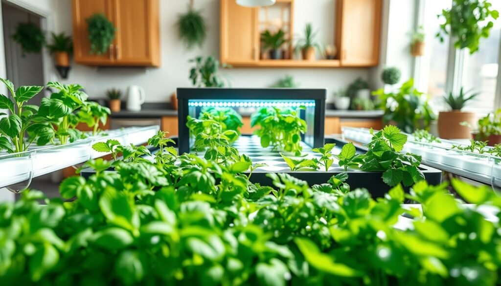 A vibrant and sustainable indoor food garden, showcasing a small hydroponics unit filled with lush, greenery. In the foreground, a carefully arranged assortment of fresh herbs like basil, cilantro, and mint, thriving in glass containers, with droplets of water glistening on their leaves. The middle of the scene features a sleek hydroponic system, illuminated by bright, soft sunlight streaming through a large window, enhancing the greenery. The background includes a tastefully decorated kitchen with wooden cabinetry and houseplants, creating a warm, welcoming atmosphere. The overall mood is one of tranquility and productivity, inviting a sense of harmony with nature. The image should be captured with a soft focus, using a wide-angle lens to encompass the entire garden setup.