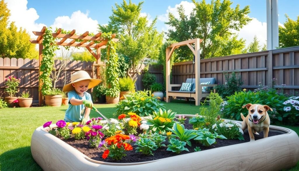 A vibrant backyard gardening zone designed for children and pets. In the foreground, a safe, enclosed raised garden bed filled with colorful, non-toxic flowers and easy-to-grow vegetables, surrounded by soft, rounded edges. A cheerful child wearing a sun hat and garden gloves is gently watering the plants, while a happy, small dog explores nearby, adding a sense of playfulness. In the middle ground, a wooden trellis with climbing vines and a shaded seating area where kids can read or play, ensuring a cozy atmosphere. In the background, a bright blue sky with soft, fluffy clouds and lush green trees filtering soft natural sunlight. The scene conveys a joyful, safe environment for exploration and creativity, emphasizing garden safety and fun.