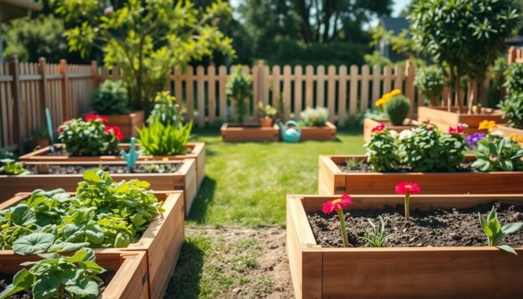 A vibrant backyard scene featuring a variety of DIY raised garden planters. In the foreground, showcase several wooden garden beds filled with lush vegetables and colorful flowers, highlighting different planting techniques. The middle ground should include a well-maintained grassy area with gardening tools like a spade and watering can, emphasizing a sense of activity and care. In the background, add a charming fence and a few trees, gently swaying in a light breeze under a sunny sky. Use soft, warm natural lighting to create an inviting atmosphere, with a focus on the textures of the soil and wood. Capture the image from a slight elevation to provide a comprehensive view of the garden’s layout, inspiring beginner gardeners to create their own spaces.