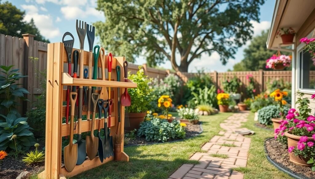 A vibrant backyard scene showcasing a DIY garden tool rack, crafted from natural wood, prominently displayed in the foreground. The rack is filled with various garden tools, such as shovels, rakes, and pruners, organized neatly. In the middle ground, lush green plants and colorful flowers enhance the garden's charm, while a path made of bricks leads to the rack, creating a sense of depth. The background features a sunny sky with soft, diffused sunlight illuminating the scene, casting gentle shadows. The atmosphere is inviting and serene, embodying the joy of gardening. Capture this with a wide-angle lens to accentuate the rack and surrounding greenery, ensuring a well-composed and airy image. A vibrant backyard scene showcasing a DIY garden tool rack, crafted from natural wood, prominently displayed in the foreground. The rack is filled with various garden tools, such as shovels, rakes, and pruners, organized neatly. In the middle ground, lush green plants and colorful flowers enhance the garden's charm, while a path made of bricks leads to the rack, creating a sense of depth. The background features a sunny sky with soft, diffused sunlight illuminating the scene, casting gentle shadows. The atmosphere is inviting and serene, embodying the joy of gardening. Capture this with a wide-angle lens to accentuate the rack and surrounding greenery, ensuring a well-composed and airy image.