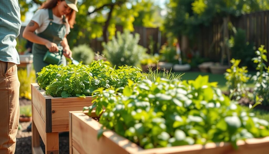 A vibrant backyard scene showcasing an efficient raised herb planter box filled with lush, fresh herbs like basil, cilantro, and rosemary. In the foreground, a person dressed in casual gardening attire is carefully tending to the herbs, using hand tools for pruning and watering. The middle ground features the neatly arranged planter boxes, made of natural wood, blending harmoniously with the green foliage. In the background, a softly blurred garden landscape captures the essence of home gardening, with sunlight filtering through leaves, casting gentle shadows. The atmosphere is bright and inviting, filled with the warmth of soft, natural sunlight, creating a feeling of tranquility and connection to nature. The image should evoke a sense of calm productivity in a well-maintained garden space.