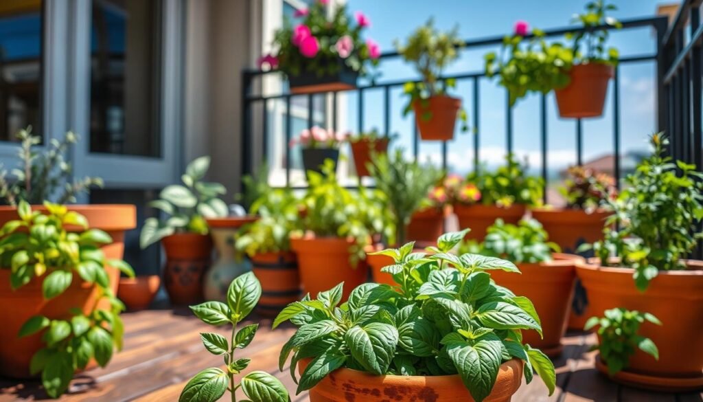 A vibrant balcony scene featuring an array of container-grown herbs, including basil, rosemary, thyme, and mint, in various decorative pots. The foreground showcases a wooden patio table with a close-up of a terracotta pot filled with lush basil, while the middle ground captures an assortment of containers with healthy green herbs under soft, natural sunlight. The background reveals a charming balcony railing adorned with flowering plants and a clear blue sky. The overall atmosphere is bright and inviting, evoking a sense of freshness and vitality. Use a shallow depth of field to create a soft focus on the herbs in the foreground, emphasizing their rich textures and vibrant colors.