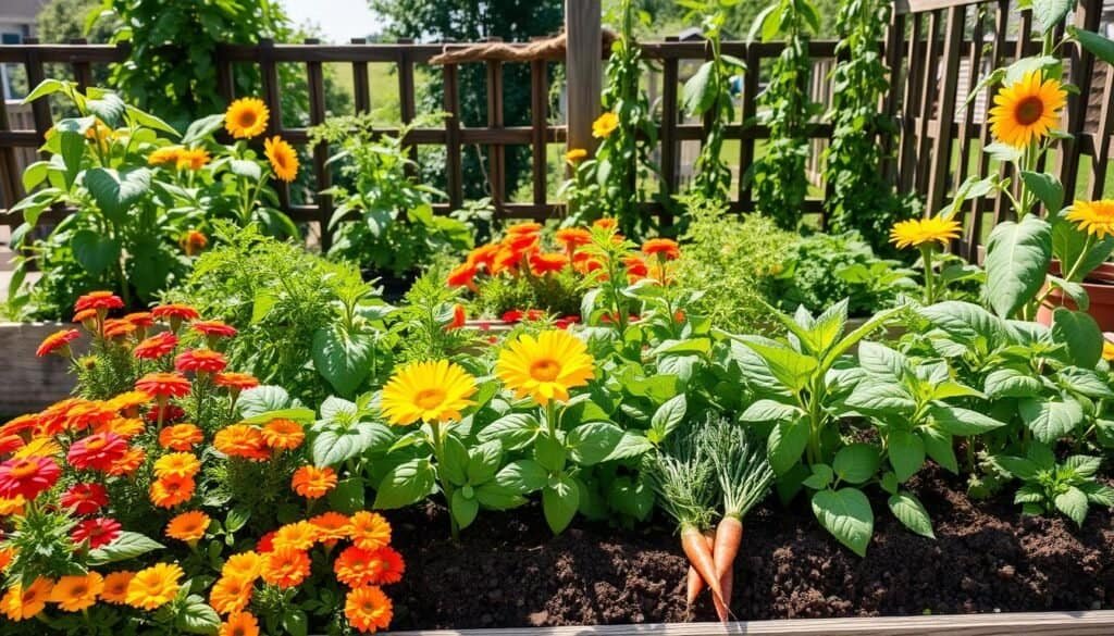A vibrant companion planting garden layout features a variety of plants arranged harmoniously in a rectangular raised bed. In the foreground, colorful blooms of marigolds mingle with lush green basil and tall, vibrant sunflowers. The middle ground showcases rows of tomato plants surrounded by companion herbs, like oregano and parsley, while carrots and radishes are nestled nearby in rich, dark soil. The background is adorned with a rustic wooden trellis supporting climbing beans and peas. Bright, natural sunlight filters through soft clouds, creating a warm, inviting atmosphere. Capture this scene from a slightly elevated angle to emphasize the organized, intentional layout of the plants, showcasing their relationships and the overall beauty of a mutually beneficial garden ecosystem.