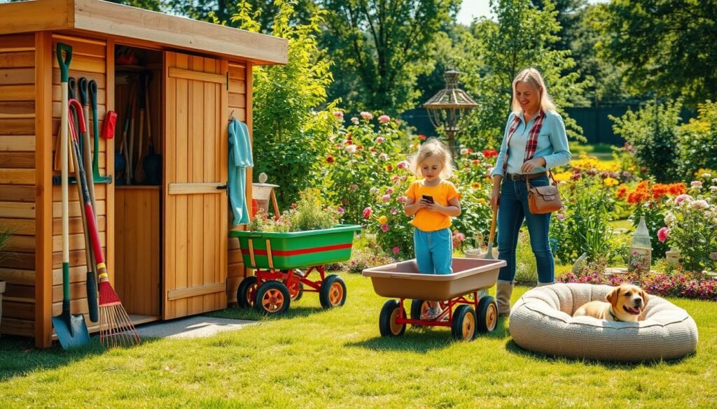 A vibrant garden scene focused on safety measures for managing garden tools and equipment. In the foreground, a sturdy wooden garden shed displays neatly organized tools like rakes, shovels, and pruners, all in a safe, childproof setting. A colorful garden cart is parked nearby, filled with plants, while a soft, plush pet bed lies comfortably on the grass. In the middle ground, a child in a bright, modest outfit attentively places gardening tools back in the shed under the watchful eye of a parent dressed in casual gardening attire. The background features a lush garden filled with various flowers and greenery under bright, natural sunlight, casting soft, warm shadows. The overall mood is cheerful and responsible, promoting a sense of safety and care within a vibrant garden environment.
