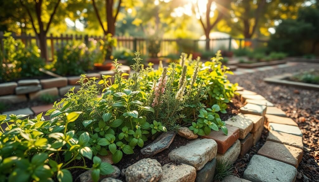 A vibrant garden scene showcasing creatively designed garden edging made from natural elements like stones, reclaimed wood, and colorful bricks. In the foreground, lush green herbs such as basil, thyme, and rosemary are growing abundantly in a well-maintained raised garden bed. The middle of the image features assorted edging styles that flow around the bed, enhancing the garden's rustic charm. The background reveals a sunlit setting with soft, warm sunlight filtering through trees, casting gentle shadows on the garden. The overall mood is inviting and serene, encouraging DIY inspiration. The composition is captured with a wide-angle lens to encompass the entire garden layout, creating a sense of depth and tranquility.
