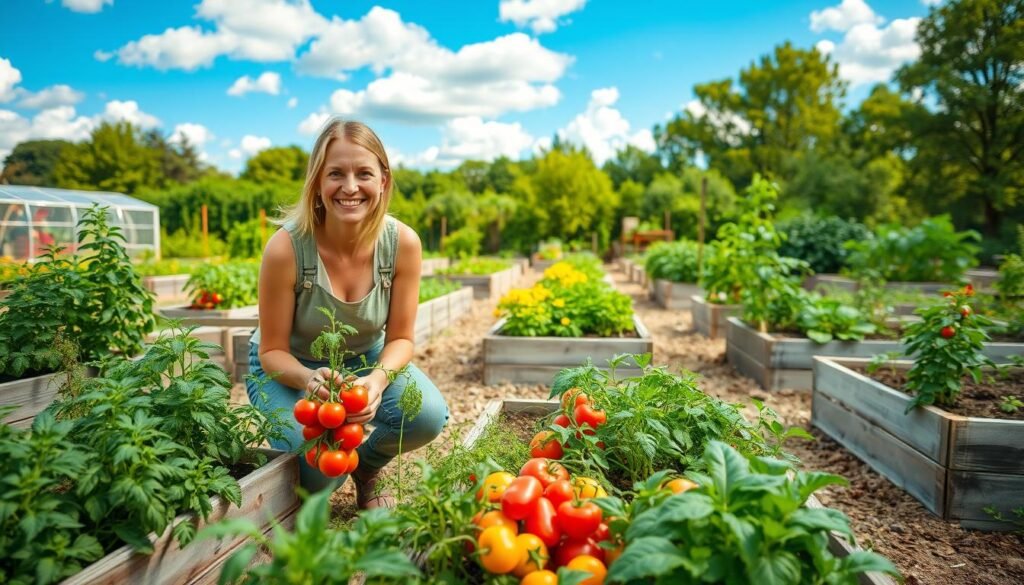 A vibrant garden scene showcasing raised vegetable beds bursting with a variety of colorful, healthy plants like tomatoes, peppers, and herbs. In the foreground, a smiling gardener, dressed in modest casual clothing, is kneeling by one of the beds, tending to the plants with care. Surrounding her, the middle ground features a well-organized garden layout, with a variety of raised beds constructed from rustic wood. In the background, a blue sky dotted with fluffy white clouds and soft sunlight filters through the trees, illuminating the entire scene. The atmosphere is cheerful and productive, evoking a sense of satisfaction and connection to nature. Capture the image from a slightly elevated angle to convey depth and perspective, accentuating the vibrant colors and textures of the plants while providing a glimpse of the overall layout.
