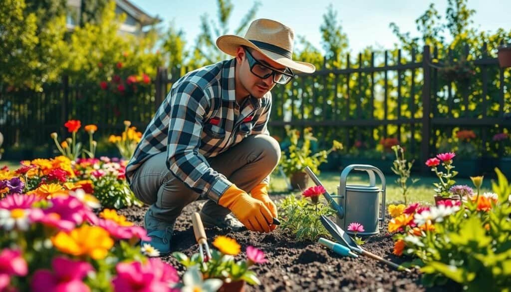 A vibrant garden setting in the foreground featuring a diverse array of colorful flowers and plants. A gardener wearing a wide-brimmed hat, safety goggles, gloves, and a long-sleeved shirt kneels down to tend to the soil, showcasing proper personal protective equipment (PPE). The middle ground includes various gardening tools like a trowel, pruners, and a watering can, all arranged neatly. In the background, a well-maintained garden fence and a bright blue sky, with soft sunlight filtering through leaves, creating a warm, inviting atmosphere. The image is captured from a slightly elevated angle to emphasize the gardener's commitment to safety in gardening, projecting a sense of care and responsibility.