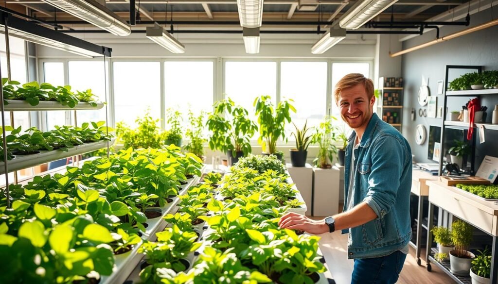A vibrant home hydroponics setup as the focal point, featuring lush green plants thriving in a high-tech, spacious indoor garden. In the foreground, a cheerful beginner in casual attire is carefully tending to the plants, surrounded by various hydroponic systems like vertical planters and nutrient reservoirs. The middle ground showcases a beautifully organized work area with gardening tools and instructional materials neatly arranged. In the background, large windows allow bright natural light to flood the space, enhancing the feeling of openness and freshness. Soft sunlight filters through, creating a warm and inviting atmosphere that encourages exploration and learning about hydroponics. The overall mood is friendly and approachable, designed to inspire beginners to embrace the world of home gardening.