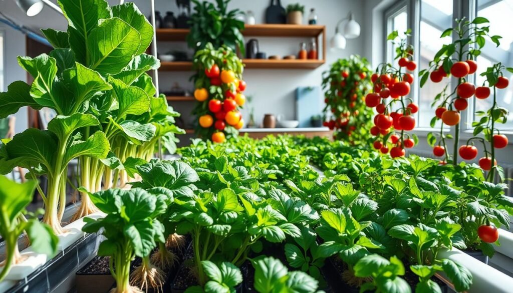 A vibrant hydroponic garden scene showcasing a variety of the best vegetables for hydroponics. In the foreground, lush green leafy vegetables like lettuce, kale, and spinach are thriving in a clean, modern hydroponics setup, their roots visibly suspended in nutrient-rich water. In the middle ground, rows of colorful bell peppers and cherry tomatoes are growing in vertical planters, illuminated by soft, natural sunlight filtering through a large window. In the background, a tastefully decorated home environment with wooden shelves displaying gardening tools and light fixtures. The atmosphere is fresh and inviting, emphasizing a productive home gardening space. The lighting is bright and airy, with shadows softly cast, creating a sense of warmth and vitality. No text or logos present, just a serene depiction of the hydroponic bounty.