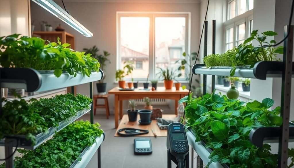 A vibrant hydroponic garden set up in a well-lit, modern kitchen. In the foreground, adjustable shelves filled with lush green herbs and leafy vegetables, growing in clear containers filled with nutrient-rich water and bright LED grow lights overhead. The middle layer features a wooden worktable with pots, gardening tools, and a digital pH meter, emphasizing the maintenance aspect. In the background, large windows let in soft, natural sunlight, enhancing the airy atmosphere. The room's décor is minimalist yet cozy, with indoor plants accentuating the space. Overall, the mood is fresh and inviting, showcasing the tranquility of maintaining a hydroponic garden at home.