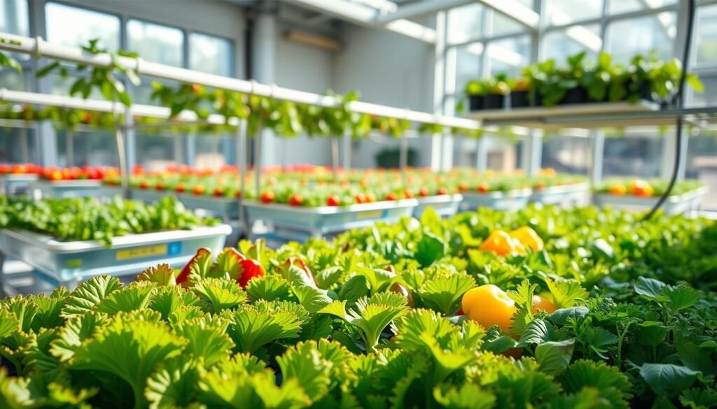 A vibrant hydroponic garden showcasing an array of the best vegetables for hydroponic success. In the foreground, lush green lettuce leaves with crisp textures, radiant red and yellow bell peppers, and vibrant herbs like basil and cilantro. In the middle ground, neatly organized rows of growing vegetables in clear water containers, surrounded by an intricate network of tubing. The background features a well-lit indoor space with bright, natural sunlight streaming through large windows, emphasizing the freshness of the produce. Soft shadows enhance the depth of the scene, creating an inviting atmosphere that conveys health and sustainability. The overall mood is cheerful and uplifting, celebrating the possibilities of home-grown food.