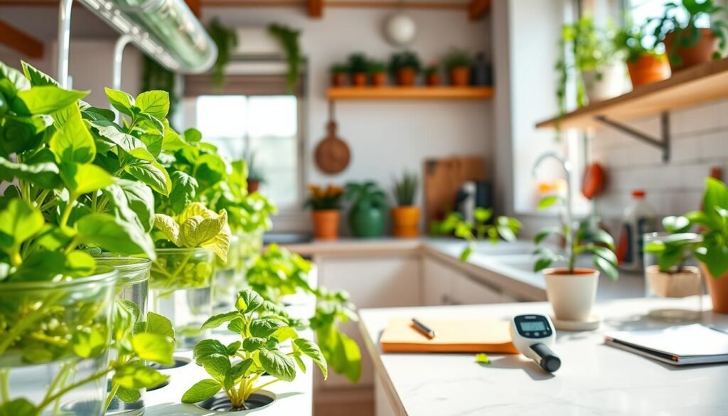 A vibrant hydroponic gardening setup in a cozy kitchen, featuring a variety of flourishing herbs and vegetables growing in a sleek, modern hydroponic system. In the foreground, fresh green lettuce and basil plants are displayed prominently in elegant, clear containers filled with nutrient-rich water. The middle ground shows a well-organized countertop with gardening tools, a notebook, and a small, digital thermometer. In the background, a sunlit window allows soft natural light to flood the space, illuminating the plants and creating a cheerful atmosphere. The scene is enriched by colorful accents from potted plants and kitchen décor, emphasizing a productive and inviting gardening experience. The angle captures the essence of home gardening, evoking a sense of tranquility and the joy of nurturing plants indoors.