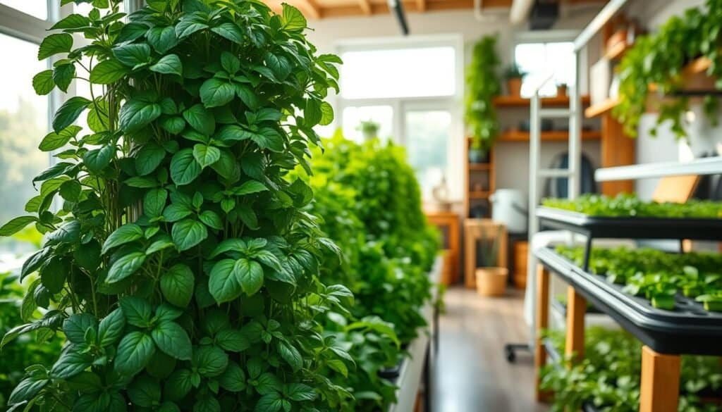 A vibrant indoor hydroponic farming setup, featuring a variety of lush green plants in a well-organized system. In the foreground, showcase a vertical hydroponic tower filled with thriving herbs like basil and mint, with water droplets glistening on the leaves. In the middle ground, display various hydroponic systems such as nutrient film technique (NFT) channels and deep water culture (DWC) containers, all illuminated by bright, natural light streaming through large windows. The background should include soft sunlight filtering into a cozy, well-decorated room with wooden accents and shelves of gardening tools. Create a professional, inviting atmosphere, suggesting a productive indoor gardening space. Use a wide-angle lens for a sense of depth and clarity, with a focus on the plants, ensuring there are no people or text present.