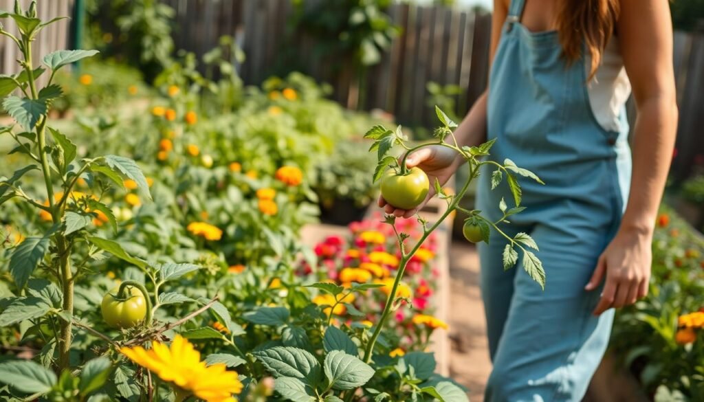 A vibrant organic vegetable garden brimming with healthy plants and herbs, showcasing a variety of colorful vegetables like tomatoes, peppers, and lettuce. In the foreground, a gardener in modest casual clothing inspects the leaves of a green tomato plant for pests, using organic pest control methods. In the middle ground, rows of lush crops are intermingled with natural pest-repelling plants like marigolds. The background features a rustic wooden fence and a soft-focus on a sunny sky, allowing warm, natural light to cast gentle shadows on the garden beds. The scene feels serene and hopeful, emphasizing sustainable gardening practices and the beauty of nature in harmony with organic techniques.