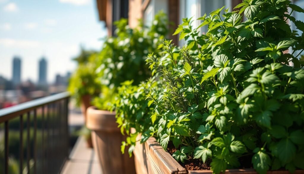 A vibrant potted herb garden brimming with a variety of lush herbs such as basil, rosemary, thyme, and parsley, arranged neatly in a wooden planter on a charming balcony. In the foreground, the rich green leaves of the herbs are illuminated by soft, natural sunlight, highlighting their freshness. The middle ground features the rustic wooden planter, weathered yet inviting, with soil peeking through, suggesting a recent watering. The background shows a blurred view of an urban skyline under a clear sky, enhancing the feeling of a cozy outdoor oasis. The mood is serene and uplifting, perfect for a gardening enthusiast in a home setting. The image captures a crisp, realistic quality with a warm ambiance, ideal for an inviting and inspiring atmosphere.
