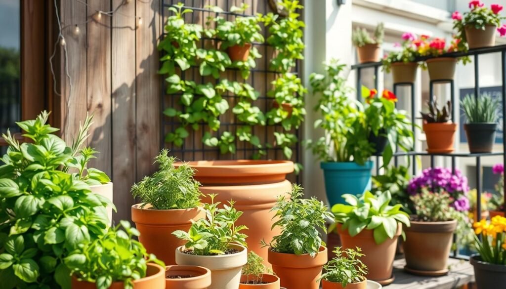 A vibrant potted herb garden scene showcasing creative ideas for small spaces. In the foreground, a variety of terracotta and ceramic pots filled with lush green herbs such as basil, rosemary, and mint, arranged on a wooden patio table. In the middle, a compact vertical garden with herbs climbing a trellis against a rustic wooden wall, adorned with fairy lights. The background features a sunlit balcony with potted herbs on a rail, surrounded by colorful flowering plants. The lighting is bright, with soft sunlight filtering through, creating a warm and inviting atmosphere. The overall mood reflects the joy of gardening in limited spaces, inspiring creativity and freshness in home decor.