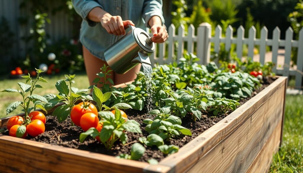 A vibrant raised garden bed filled with a variety of fresh vegetables and herbs suitable for small spaces, such as tomatoes, basil, and spinach. In the foreground, a wooden garden bed is meticulously constructed, showing rich soil and healthy plants bursting with color. In the middle ground, a pair of hands gently watering the plants with a watering can, dressed in modest casual attire. The background features a sunny backyard with a picket fence and greenery, bathed in soft sunlight to create a warm and inviting atmosphere. The image captures a sense of peace and joy in gardening, showcasing DIY creativity and the beauty of nurture. The composition is well-lit and airy, emphasizing the lushness of the garden.
