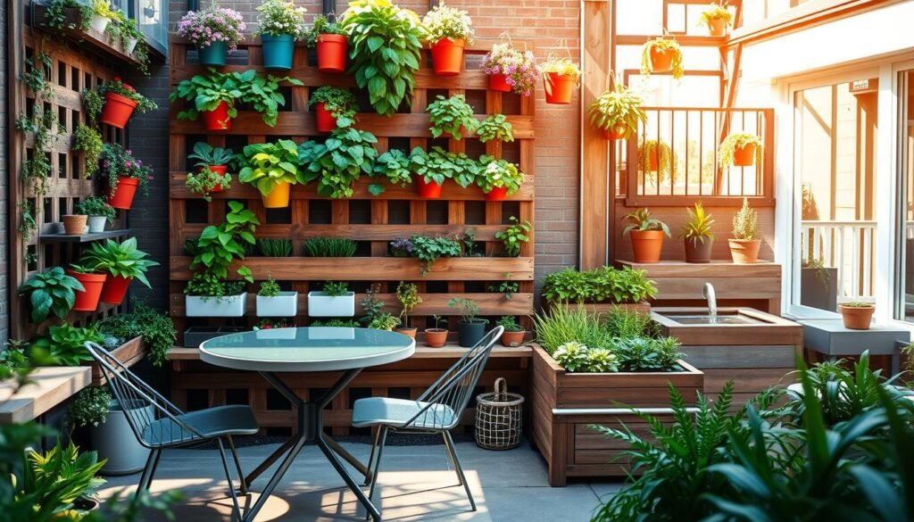 A vibrant space-saving garden in a small urban backyard, featuring an array of colorful vertical planters filled with lush herbs and flowers against a rustic wooden trellis. In the foreground, a stylish patio with a compact, round outdoor dining table accompanied by modern, minimalistic chairs, all bathed in soft, warm sunlight. The middle ground showcases tiered garden beds made from reclaimed wood, brimming with greenery and vegetables, creating a cozy yet functional atmosphere. In the background, a view of a quaint balcony adorned with potted plants hanging over the railing and a small water feature reflecting the blue sky. The scene is bright and airy, evoking a sense of harmony with nature. The angle captures both the intimate garden space and the vertical layers of plant life, inviting a feeling of tranquility and inspiration.